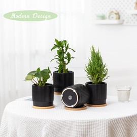 AOMRYOM 4.25 Inch Small Garden Ceramic Plant Pots with Drainage Holes and Tray, Modern Flower Planter Pots for Indoor Plants, Succulent, Cactus and Herbs, Black Stripe, Set of 4 (Plant Not Included)