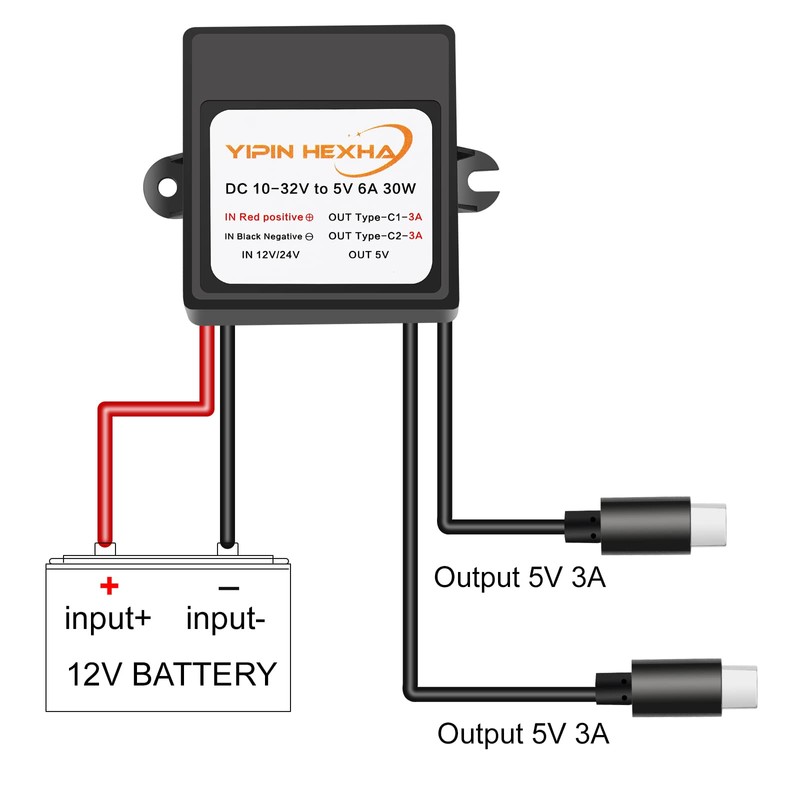 DC 12V/24V to 5V 6A 30W Dual Type-C USB C