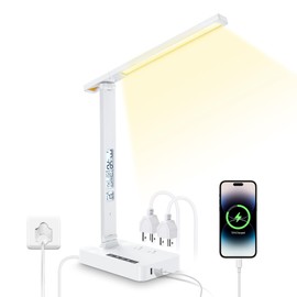 Power Strip with USB Ports Lamp : 2 Outlets 1 USB-A Ports 1 Type-C Ports, Desk Lamp for Home Office with Surge Protection, Dorm Room Essentials, 5ft Extension Cord (White)