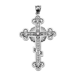 FDJ .925 Sterling Silver CZ Eastern Orthodox Cross Milgrain Pendant Necklace - Pendant with 16" chain