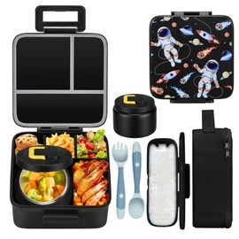 MAISON HUIS Kids Bento Lunch Box Set With 8oz Soup Thermo, Leakproof Lunch Containers with 5 Compartment, Thermo Hot Food Jar and Insulated Lunch Bag, BPA Free,Travel, School -Black (Astronaut)