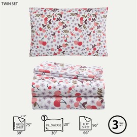 Urban Lifestyle 3 Piece Sheet Set, Including Top Sheet, Fitted Sheet and Pillow Case, Cherry Print, Twin