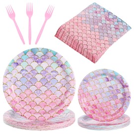 96 Pcs Mermaid Party Dinnerware Set, Pink Purple Gradient Scale Design, Disposable Paper Plates Napkins Forks for 24 Guests, Ocean Theme Birthday Decorations