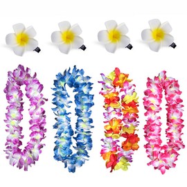 4Pcs Thicken 41 Inch Hawaiian Leis Dance Garland Artificial Flowers Necklace Headband for Tropical Summer Beach Party Favor, DIY Luau Decor, Photo Prop Outdoors（4 Colors）