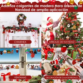 AUTOWT 40 Pcs de Adornos de Madera Colgantes de Navidad, Papá Noel Muñeco Nieve Alce Letreros Colgantes Árbol de Navideños Decoraciones en Rodajas Madera con Cuerda para Fiesta Boda Hogar Interior