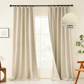 KangBang Boho Blackout Linen Curtains 96 Inch Length 2 Panels, Back Tab Drapes for Living Room Guestroom, Rod Pocket Hook Belt Room Darkening Classy Curtains 52Wx96L, Natural Beige