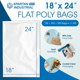 Spartan Industrial - 18" X 24" (100 Count) 1.1 Mil Flat Open End Clear Plastic Poly Bags - For Proofing Bread Dough, Packaging Clothes, Shirts (Thin & Lightweight - Bags DO NOT Have Seal & Prints)