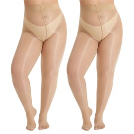 MANZI Women's Plus Size Shimmer Glossy Sheer Tights Seamless Shiny Silk reflections Footed Pantyhose Oil Pearlescent Stockings with Control Top Ultra Shimmery High Waist Nylons(Natural,XL-XXL)