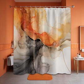 LanZanthic Marble Shower Curtains for Bathroom Black and Orange Abstract Modern Wet Room Shower Curtain, Washable, Waterproof, Cloth Fabric, 180 x 180 cm