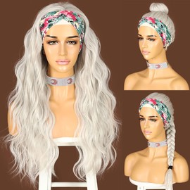 Sapphirewigs Body Wave Headband Wig Grey Synthetic Long Wavy Wig for Women Glueless Wigs Natural Looking 150% Density 66 cm