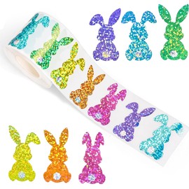 Garegce 500pcs Easter Stickers Roll, Happy Easter Bunny Stickers for Kids Children Party, Cute Glitter Decorating Gift Wrapping Roll Bunnies Sticker for DIY Arts Greeting Cards Party Home