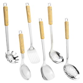 FJNATINH Cooking Utensils - Spatula and ladle Set with Wood Handle, 6 Pieces Wok Utensils Tools - Wok Accessories Cookware Set