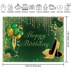 10x8ft Green Happy Birthday Backdrop Golden High Heels Champagne Glasses Glitter Sequin Photography Background Green Rose Shiny Balloons Adults Women Birthday Party Decorations Photo Booth Props