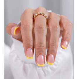 Bright Yellow French Tip Press on Nails - GJZEZ Soft Gel Short Square Nude Base Nails Press ons, Natural Thick Gloss Acrylic Glue on Nail for Women | 16 Sizes - 32 pcs Reusable Nails, Summer Yellow