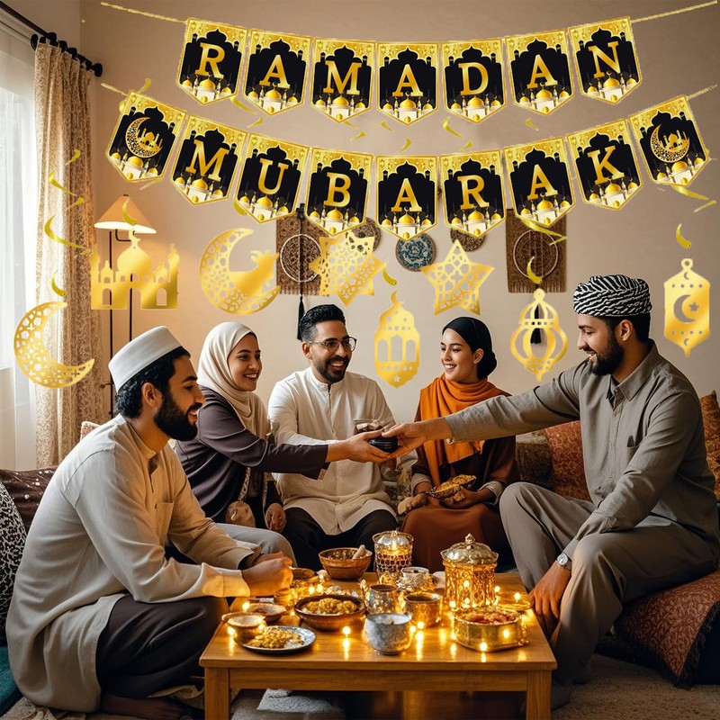 DWEARTY Ramadan Mubarak Banner and 8 Ramadan Hanging Swirl Decorations