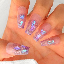 Sethexy Purple Rhinestone Handmade Press On Nail 3D Butterfly Crystal Long Coffin False Nails Aurora Glitter Shiny False Nails Salon Quality for Women and Girls (Z)