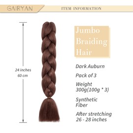 Gairyan Braiding Hair Extensions Ombre Jumbo Braids Synthetic Hair 3 Packs 24 inches 300g Coloured Hair for Braiding Extensions Box Braids Crochet Twist (Dark Auburn)