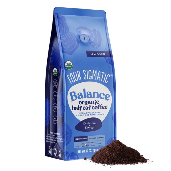 Four Sigmatic Organic Adaptogen Ground Coffee | Medium Roast USDA Organic and Fair Trade Coffee with Ashwagandha, Chaga Mushroom, Eleuthero and Tulsi | Focus and Energy Boosting Coffee | 12oz Bag