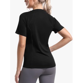 4 Pack Women's Short Sleeve Compression Shirts Dry Fit Workout Athletic Undershirt Sun Protection Rash Guard Tops for Yoga Running Gym Black White Grey Blue Medium