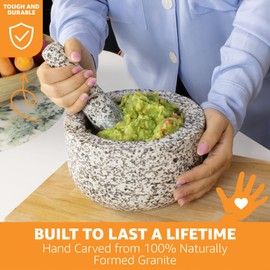 Heavy Duty Natural Granite Mortar and Pestle Set, Hand Carved, Make Fresh Guacamole, Salsa, Pesto, Stone Grinder Bowl, Herb Crusher, Spice Grinder, 4 Cup, White