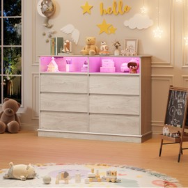 GAOMON Oak Dresser for Bedroom with 6 Drawers, Modern Chest Featuring LED Lights and Charging Station, Spacious Storage Cabinet with Open Space for Living Room or Hallway