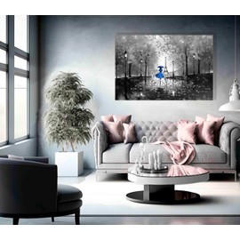 Black and White Autumn Stroll in Paris Blue Colourful Canvas Wall Art for Living Room | Abstract Pictures and Prints Ready to Hang 30 x 20cm (12 x 8 inches) A4