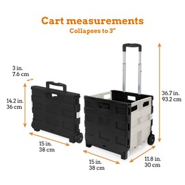 Inspired Living Ultra-Slim Rolling Collapsible Storage Pack-N-Roll Utility-carts, with Telescopic Handle, for Home, Garden, Shopping, Office, School use, Medium, White & Black