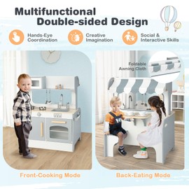 HONEY JOY Kids Kitchen Playset, Double Side Little Chef Play Kitchen for Toddler & Restaurant, Cookware, Microwave, Sink, Storage Cabinet, Wooden Pretend Play Toy Kitchen Set, Gift for Boy Girl, Gray