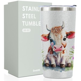Onebttl Cow Gifts for Women Girls, Cute Calf Cattle, 20oz Vacuum Insulated Stainless Steel Travel Tumbler with Lid, Glitter Silver