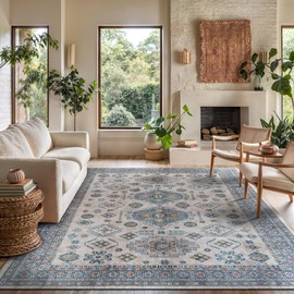 Luria Rugs Easy Care 7'6" x 9'6" Non-Slip Large Area Rug for Living Room, Bedroom, Dining Room Moroccan Vintage - Stain Resistant & Durable, Moreno Collection - Ivory/Blue