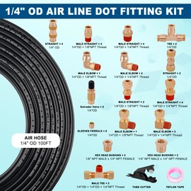 Boeray 43pcs 100FT 1/4 DOT Air Line Brass Fittings Kit 1/4" OD Quick Push to Connect Fittings Compression Fittings 1/4" SAE J844 PA12 Nylon Air Hose Tubing for Industrial & Truck Brake System