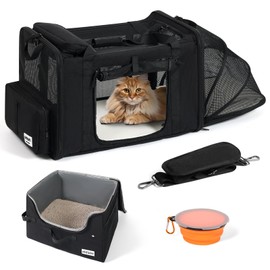 pidipiti 25''(L) x 17''(W) x 17''(H) Extra-Large Expandable cat Carrier for car Travel,with a Leakproof Portable Tall-Side Litter Box and Foldable Food Bowl(Black)
