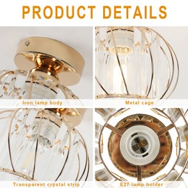 Pheashine Ceiling Light Crystal Modern Mini Crystal Chandelier E27 Ceiling Light Semi-Flush Mounting for Hallway Entrance Kitchen Bedroom Dining Room (Gold)