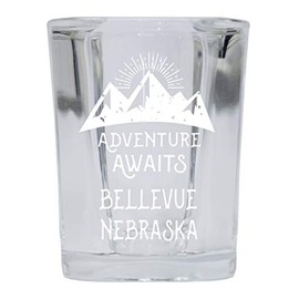 Bellevue Nebraska Souvenir Laser Engraved 2 Ounce Square Base Liquor Shot Glass Adventure Awaits Design