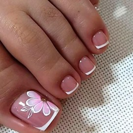 24Pcs Square Press on Toe Nails French Tip Fake Toenails with Pink Gradient Flower Designs Cute False Toe Nails Full Cover Glue on Toenails Summer Glossy Acrylic Toe Nails for Women