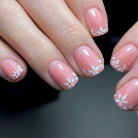 White Flower Press on Nails Spring Summer Pink Fake Nails with Gold Glitter Design Short Square False Nails Full Cover Glossy Acrylic Nails Stick on Nails for Women Spring Summer Manicure 24Pcs