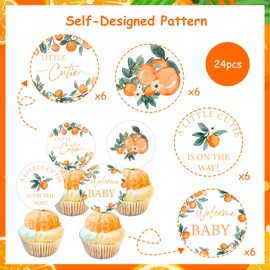 24Pcs Little Cutie Cupcake Toppers, Orange Cupcake Picks, Citrus Theme Baby Shower Decorations, Tangerine Clementine Fruit Party Supplies