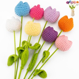 Tulips Crochet Flowers, 8PCS Fake Tulips Artificial Flower Handmade Knitted Tulip Bouquet with 10PCS Bouquet Sleeves and a greeting card for Mothers Day/Birthday/Anniversary/Valentine's Day Home Decor