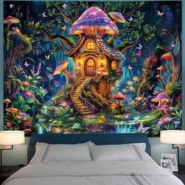 Serborlur Blacklight Forest Mushroom Tapestry UV Reactive Magical Tree of Life Tapestries Neon Floral Plants Wall Art Fantasy Fairy Landscape Backdrop Wall Hanging for Bedroom Living Room Decor