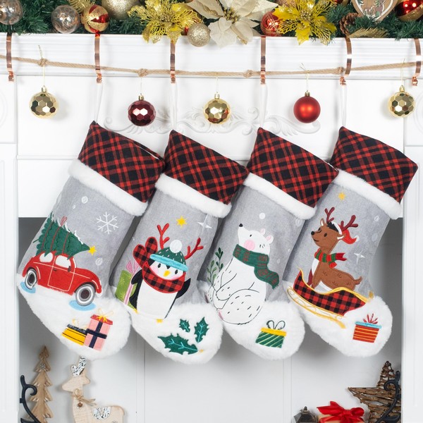 LUBOT Set of 4 Christmas Stockings (20inch) Embroidered Linen Applique