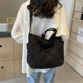 Volen Women's Tote Bag, Large Capacity, Handbag, Nylon, Argyle Pattern, Shoulder Bag, Solid, Thick, Crossbody Hanging, Beautiful, Commuting to Work, Black