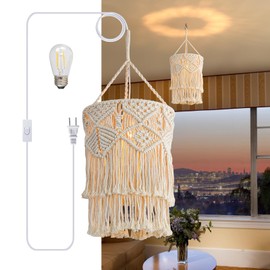 Bioaqua Boho Lamp Shade,Boho Hanging Lamp Handmade Macrame Lamp Shade Plug in Pendant Light,Bohemian Hanging Lights with Plug in Cord Light Fixtures for Boho Bedroom Decor Living Room (Type6)