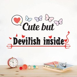 Kids Girls Bedroom Naughty Devil Themed Decoration Vinyl Wall Decal Sticker - 22" x 36" Adhesive Home Living Room Multicolored Lettering Art Wall Decor Quotes - Cute But Devilish Inside