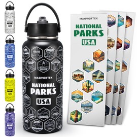 32oz Insulated Black Water Bottle with Durable Stickers – Stainless Steel Sports Water Bottle with Spout Lid – Insulated Thermos for Cold and Hot Drinks – Large Metal Bottle for Gym, Hiking, Camping