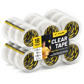 X-Tape Clear Packing Tape (18 Rolls), Heavy Duty Packaging Tape for Shipping, Moving, Sealing and Refills, 2.7mil Thick, 1.88 inches Wide, 65 Yards Per Roll, 1170 Total Yards