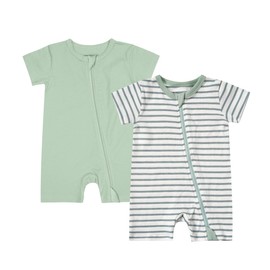 Teach Leanbh Unisex Baby 2 Pack Pajamas Cotton Short Sleeve 2 Way Zipper Stripe Soild Romper Jumpsuit Sleep and Play (Green+Stripe, 3-6 Months)