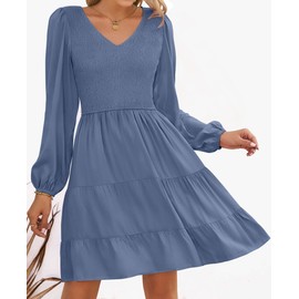 ZESICA Women's Casual V Neck Long Sleeve Smocked High Waist Ruffle A Line Tiered Mini Dress,Dustyblue,Medium