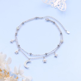 HOOHWE Moon Anklets For Women Sterling Silver Star Ankle Bracelets For Women Double Layered Ankle Bracelet Beach Jewelry Adjustable Anklet Gift for Teens Girls