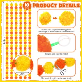 Yunsailing 10 Pcs 5 ft Marigold Garland Day of The Dead Artificial Marigold Flowers Garland for Wedding Indian Diwali Decoration, Dia De Los Muertos Decoration (Yellow and Orange)