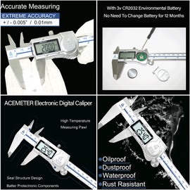 ACEMETER Digital Caliper,6 Inch Caliper Measuring Tool,IP54 Waterproof Protection Design,Large LCD Screen,Electronic Digital Micrometer with Inch Metric Fraction